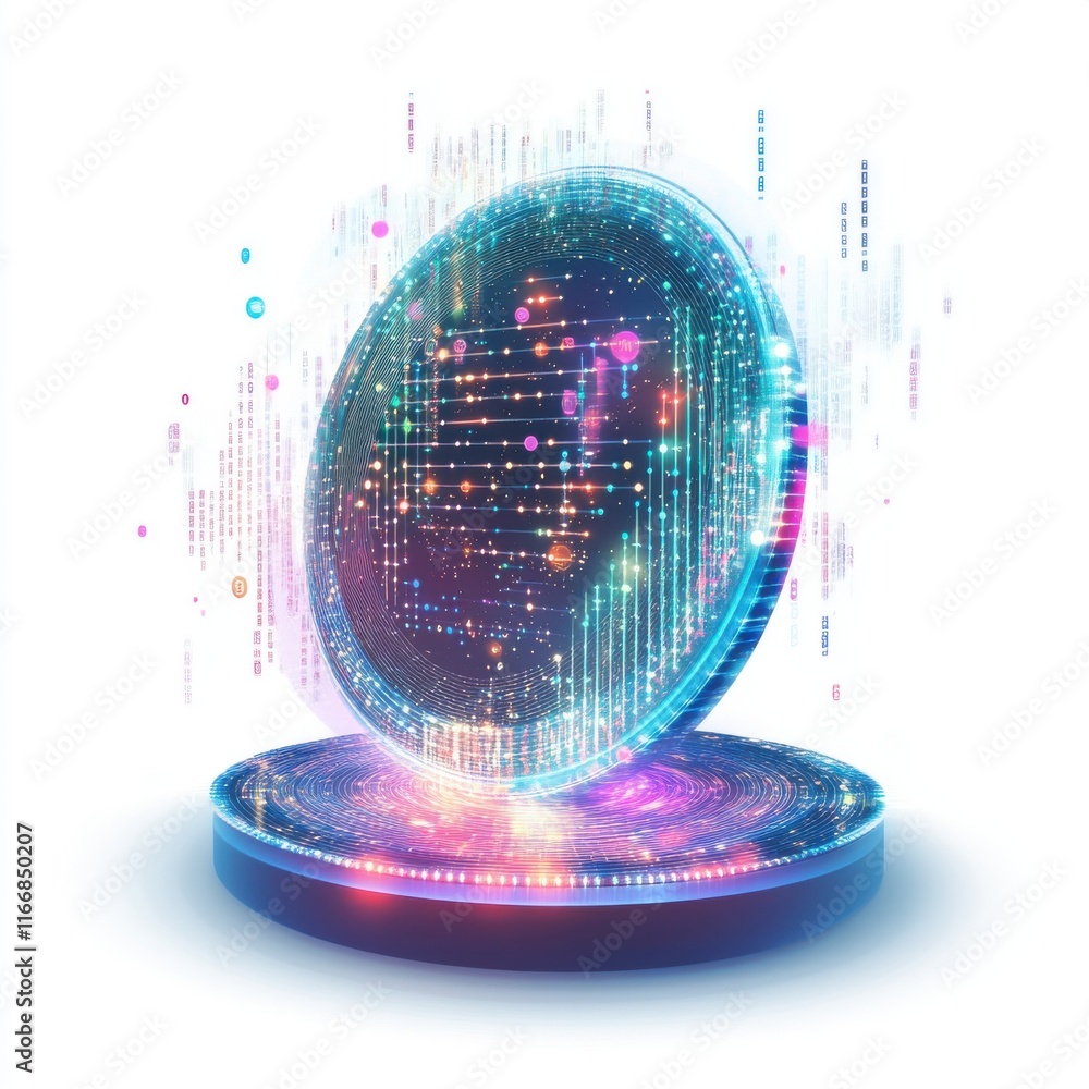 Poster a futuristic digital coin hovering above a glowing platform, surrounded by vibrant data particles an