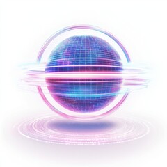 A digital sphere surrounded by glowing rings in vibrant pink and blue hues, suggesting motion and energy.