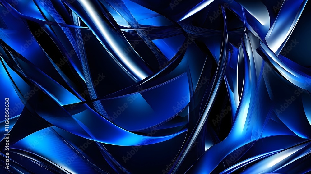 Poster mesmerizing abstract digital web of glowing blue fluid geometric designs on a dark modern gradient b