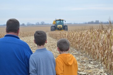 Three People Observing Tractor Work in a Cornfield During Late Autumn Harvest Season