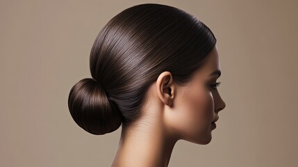 An elegant hairstyle banner with a polished chignon bun, detailed with sleek lines and soft highlights.