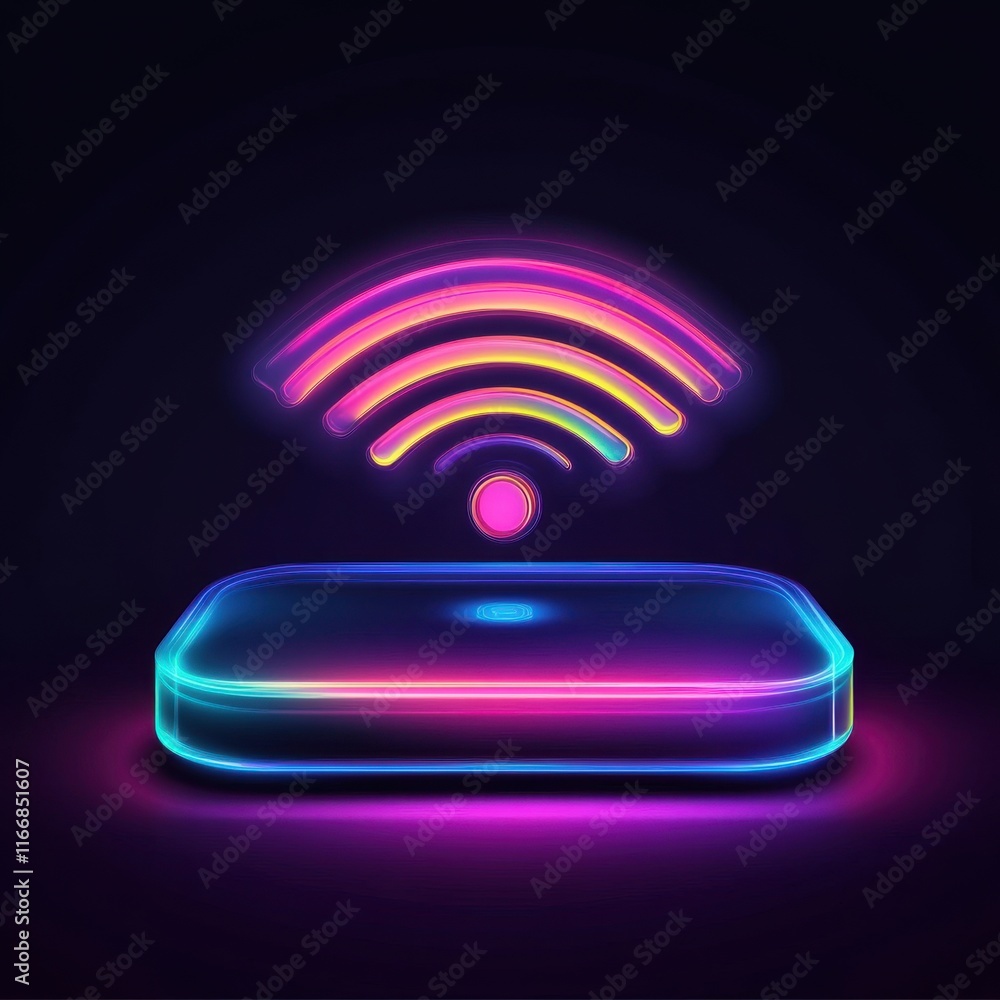 Poster vibrant neon wi-fi device glowing in the dark with colorful signals emanating from it.