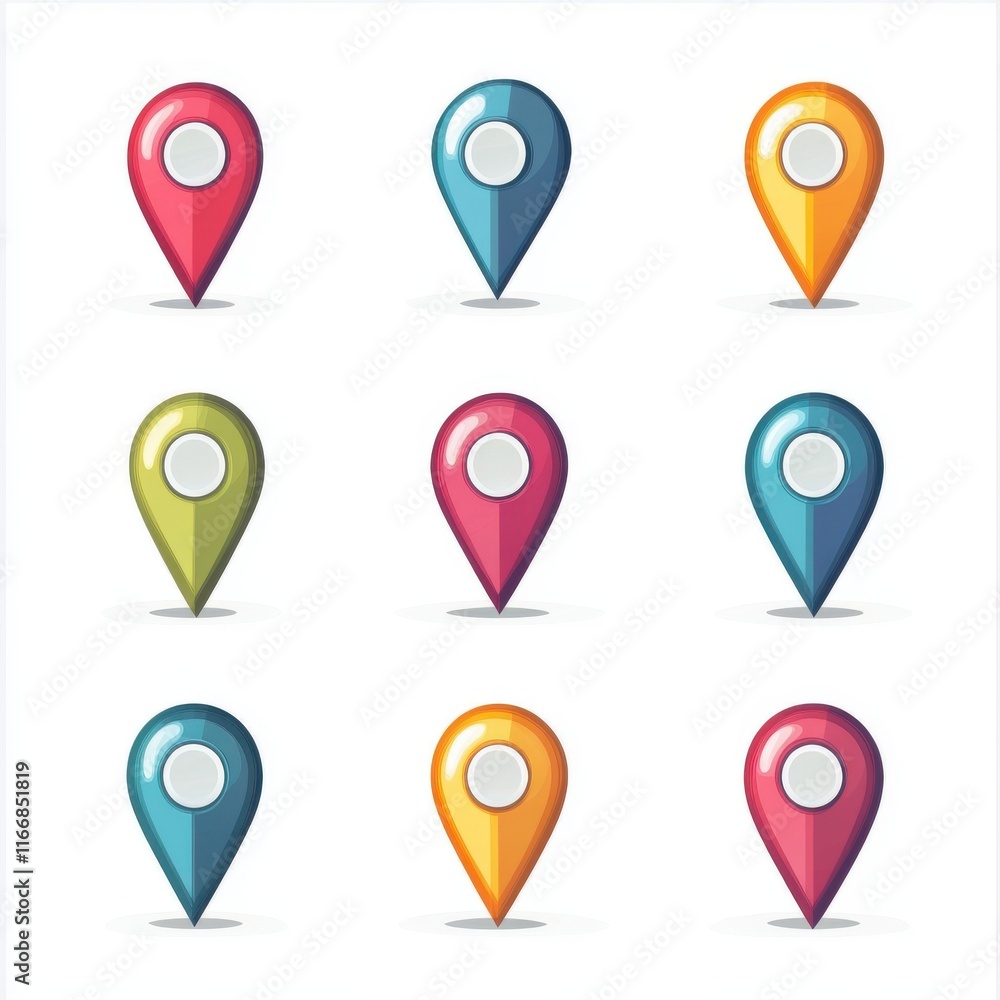 Poster a vibrant collection of colorful location markers arranged in a grid, showcasing various hues.