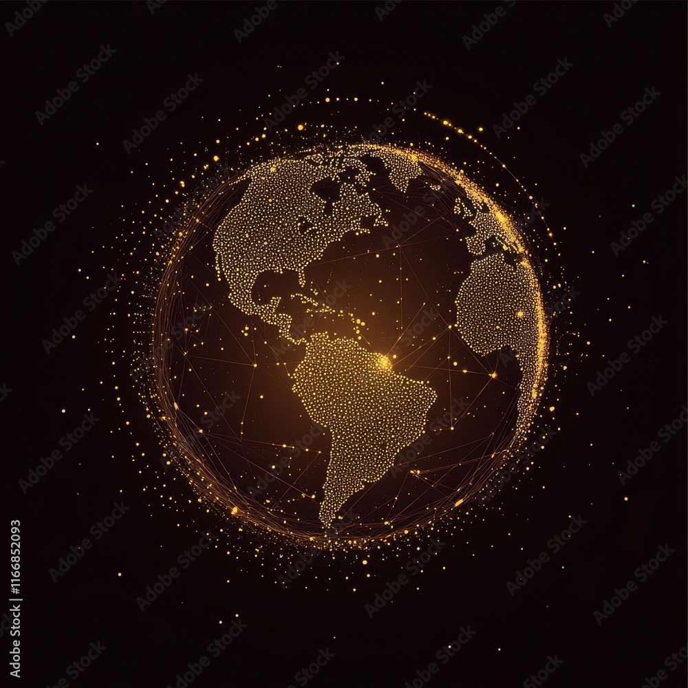Poster a glowing digital representation of earth, showcasing a network of golden dots and lines on a dark b