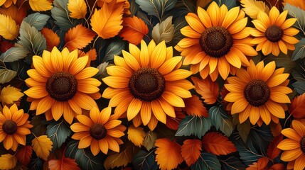 Vibrant sunflowers and autumn leaves arrangement.