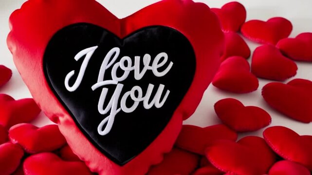 a large red plush heart-shaped toy with I Love You written in the center, a Valentine's Day card or love letter, banner, poster for website, Valentine's day concept, love and affection, generative ai
