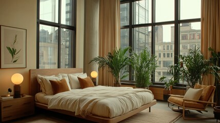Modern Cozy Bedroom with Large Windows and Indoor Plants in Urban Setting