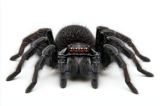 Giant black spider with numerous red eyes displayed against a white background for a striking visual impact