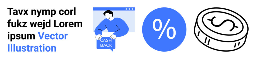 Cash back offer with user interface, large percentage symbol and coin icon for currency. Ideal for financial services, online banking, e-commerce, marketing campaigns, promotions, sales strategies