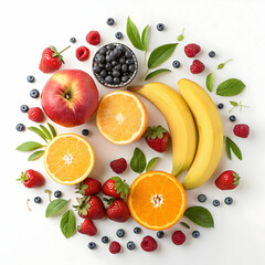 Fresh fruits and berries, isolated on white background