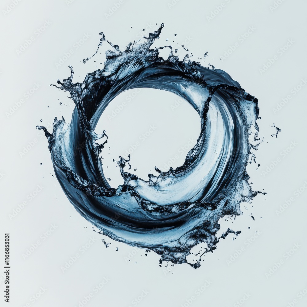 Poster dynamic circular splash of water in a striking blue hue, creating an energetic and fluid visual effe