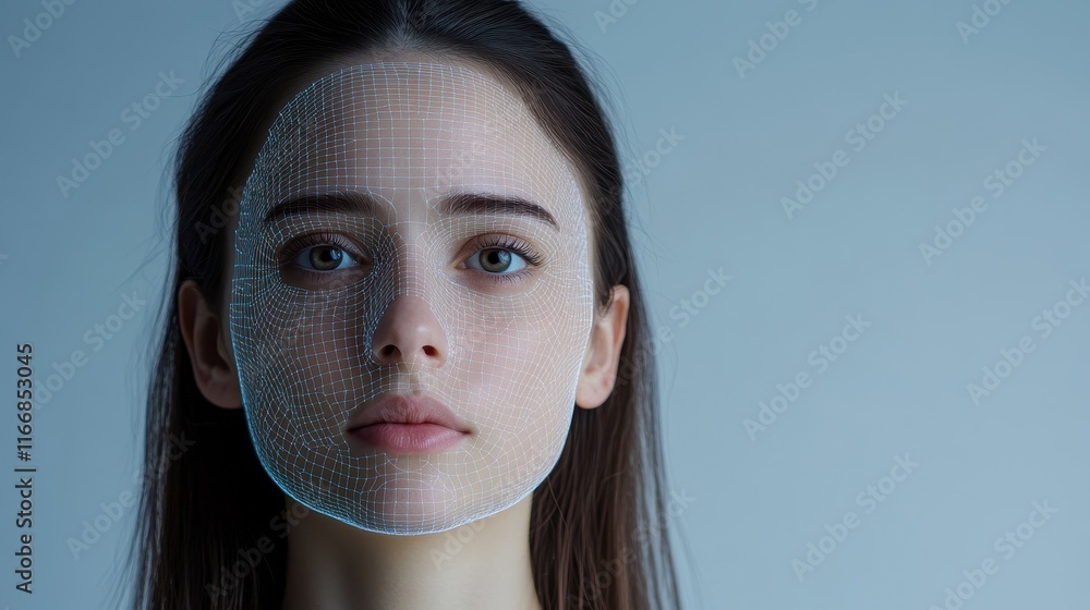 Poster digital facial analysis event studio portrait minimalist front view technology integration
