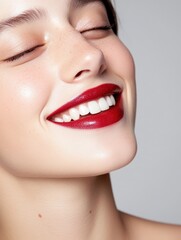 Obraz premium Smiling woman portrait studio setting beauty content neutral background close-up view radiant confidence