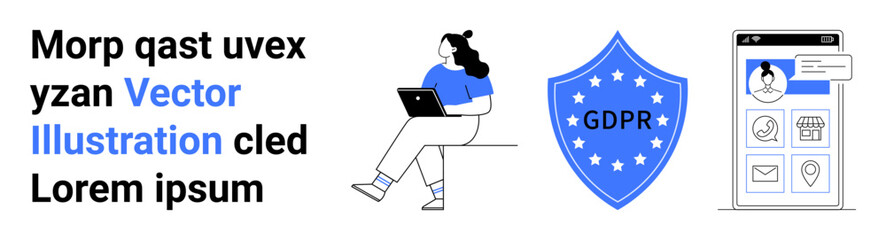 Woman seated with laptop, GDPR shield, and smartphone screen with user data. Ideal for data protection, privacy policies, mobile applications, security measures, compliance, user awareness, online