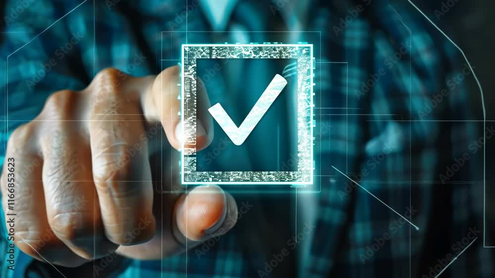 Poster hand pressing a digital checkmark symbol in a business setting to signify completion and approval