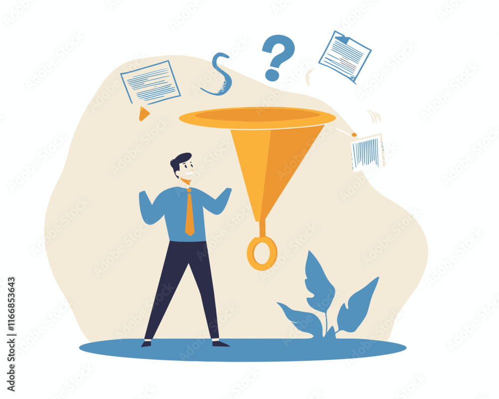 Poster businessman utilizing funnel to solve problems and generate creative solutions; concept of research,
