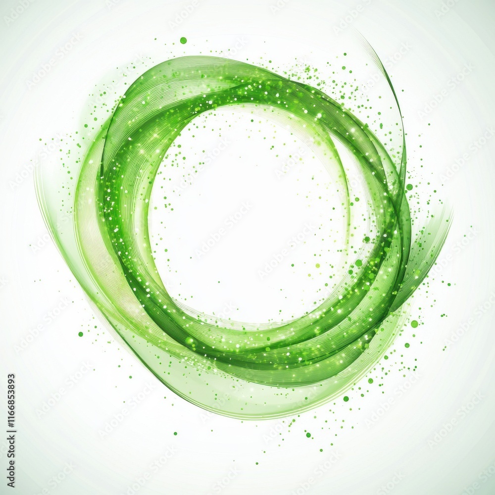 Poster circular green abstract design with flowing shapes and sparkling highlights creating a fresh, vibran