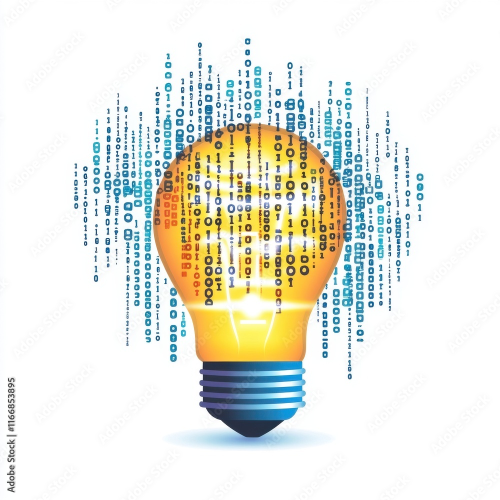 Aufkleber a bright light bulb filled with binary code, symbolizing innovation and digital ideas.