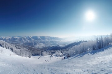 Panoramic snowy mountain landscapes with ski slopes and sunny skies, AI generated