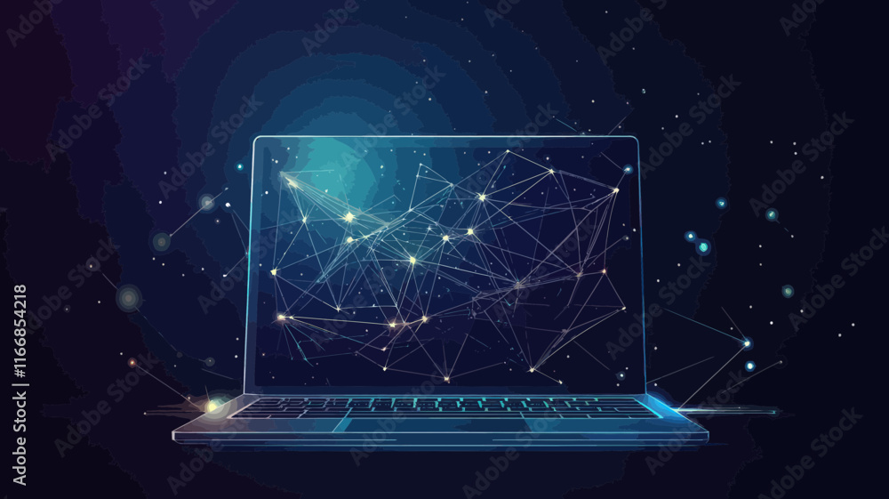 Poster minimalist grey laptop with polygonal low poly connections on abstract science background for techno