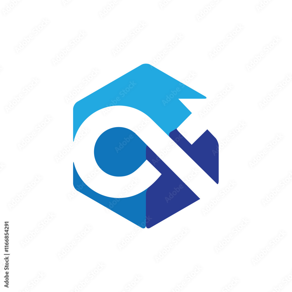 Poster the image shows a flat logo design of an alpha greek letter with arrow inside a blue hexagonal shape
