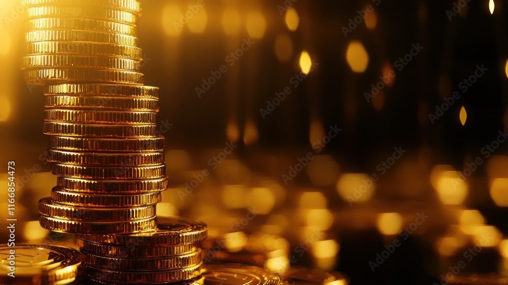 Poster futuristic economic data visualization with stacks of gold coins in a digital environment