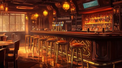 Tall bar stools with leather seats and geometric brass designs arranged in front of a dark wooden bar warm amber lighting casting soft reflections across the surfaces