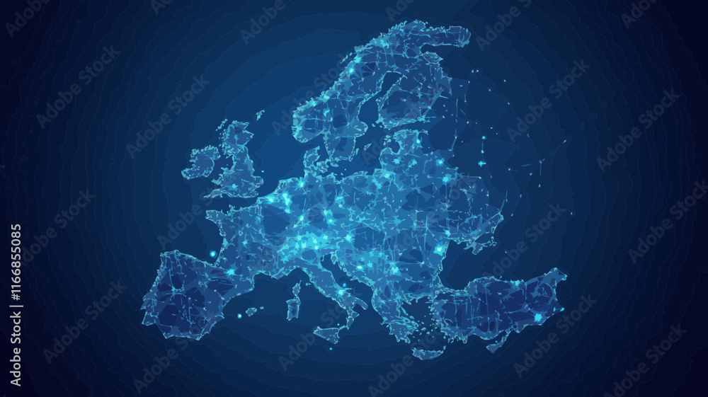 Poster polygonal wireframe map of europe with digital mesh connections and blue illustration for technology