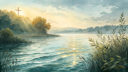 Watercolor baptismal water background, soft, rippling water painted in light blues and greens, with golden light reflecting on the surface, symbolizing the sanctity and purification of baptism during 