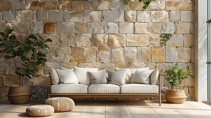 Cozy and inviting outdoor patio area with a stone wall backdrop plush seating furniture and lush potted plants creating a serene and comfortable space for relaxation leisure and unwinding