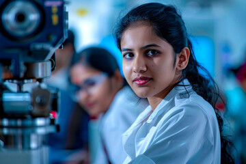 A young Indian woman leads a team of engineers, exercising control over a complex project, guiding collaborators with vision and decisiveness towards success.