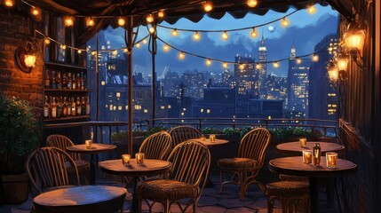 Fototapeta premium Jazz terrace with wicker furniture small tables empty glasses and string lights with a faintly lit city skyline in the background