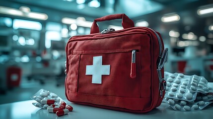 Red First Aid Kit With Pills And Capsules Nearby