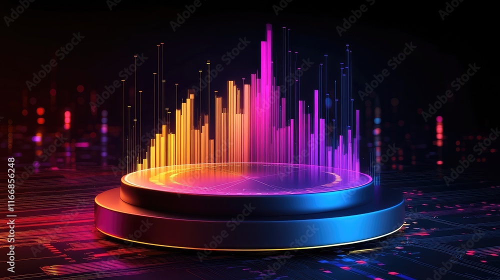 Poster digital glowing pie charts and trendlines emerging from a central ai processor on a minimalist dark 