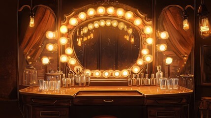 Obraz premium Luxurious 1920s dressing room with ornate mirror scattered champagne glasses and warm golden light