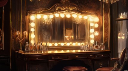 Obraz premium 1920s dressing room with lightbulb-framed mirror art déco perfume bottles and warm light reflections