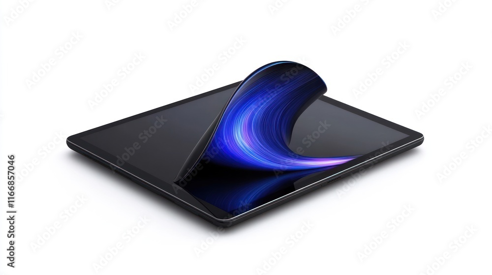 Poster a sleek tablet with a dynamic, flowing design on its screen.