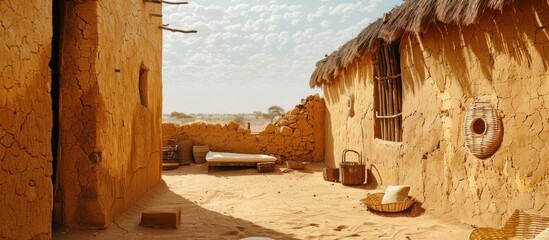 Weathered traditional village huts with straw roofs and mud walls nestled in an arid desert landscape showcasing primitive rural architecture and a sense of cultural heritage