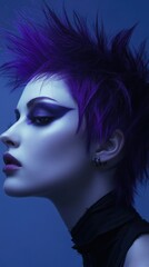 Fototapeta premium Woman with spiky short crop hairstyle, electric violet strands, vibrant urban studio lighting, bold and futuristic vibe