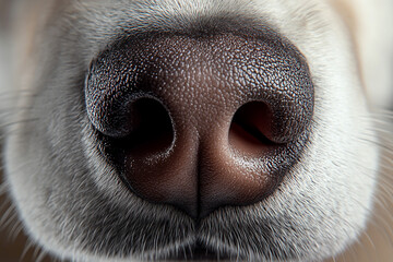 Siberian Husky muzzle macro shot. Detailed close up shot of pet dog nose texture. Banner for veterinary clinic. Pet care, wildlife and animals concept background, poster, print, design card, flyer