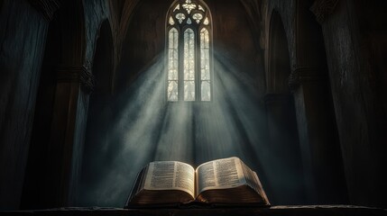 Light focuses on an open Bible on an altar while the rest remains in shadow