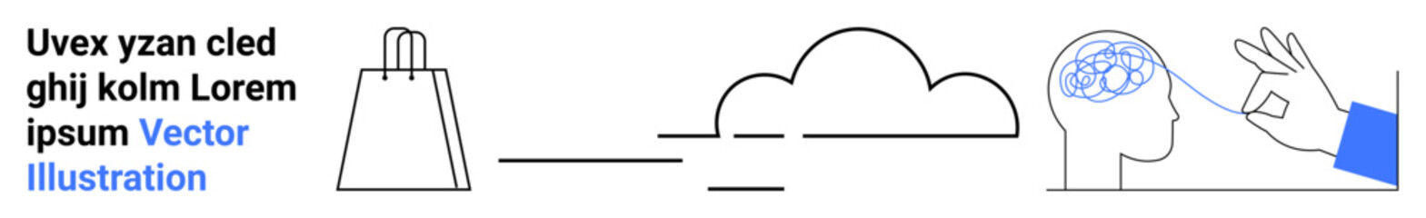 Shopping bag, connectivity lines, cloud symbol, human head with brain, hand pointing to brain. Ideal for e-commerce, digital connectivity, cloud computing, mental health awareness learning data