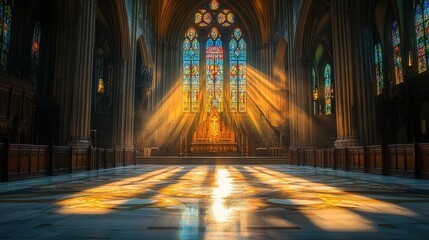 Fototapeta premium A beam of sunlight illuminates a marble altar with vibrant colors across the floor