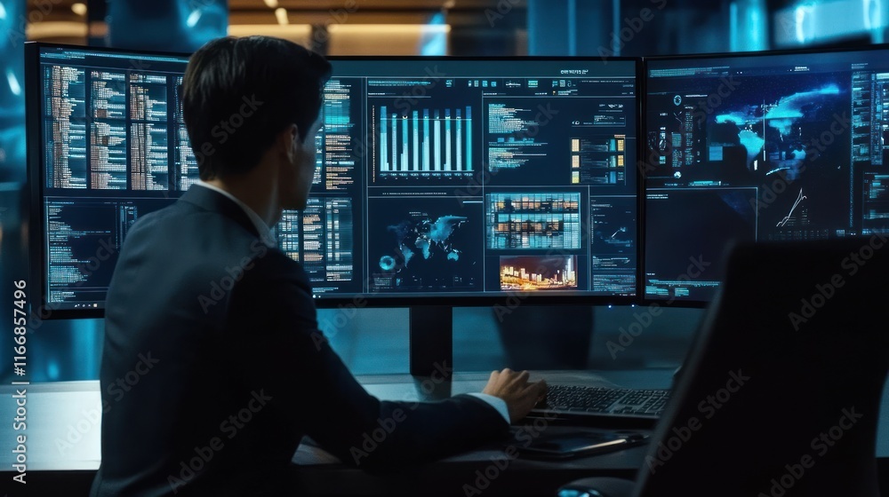 Aufkleber Man Monitoring Data Streams On Triple Monitors