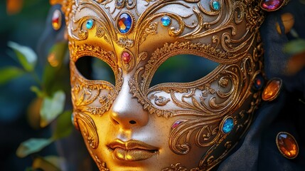 The Venetian carnival mask gleams with intricate gold detailing, its vibrant colors catching the light.