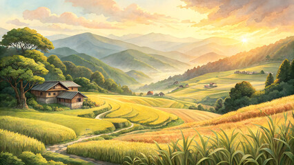 Watercolor landscape background, rolling hills and rice fields bathed in golden sunlight, capturing the essence of rural Japan and the spirit of unity on this important occasion with copy space  