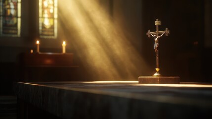 Naklejka premium A glowing beam of light illuminates a brass crucifix creating a sacred chapel atmosphere