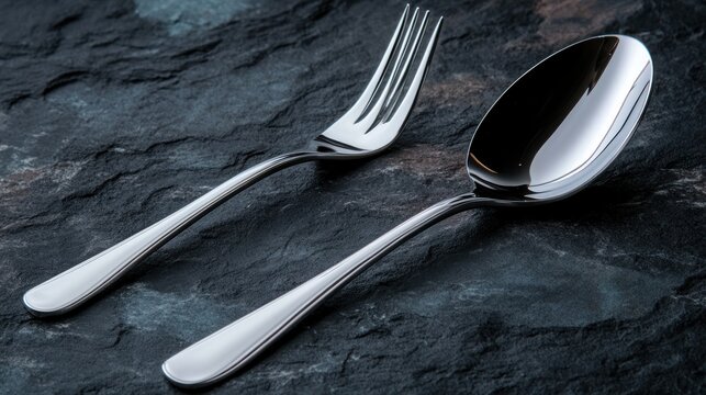 Polished Silver Spoon and Fork on Dark Stone
