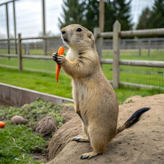 Young groundhog holding a carrot, mouth opens slightly in a zoo setting