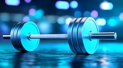 A silver dumbbell with a blue handle